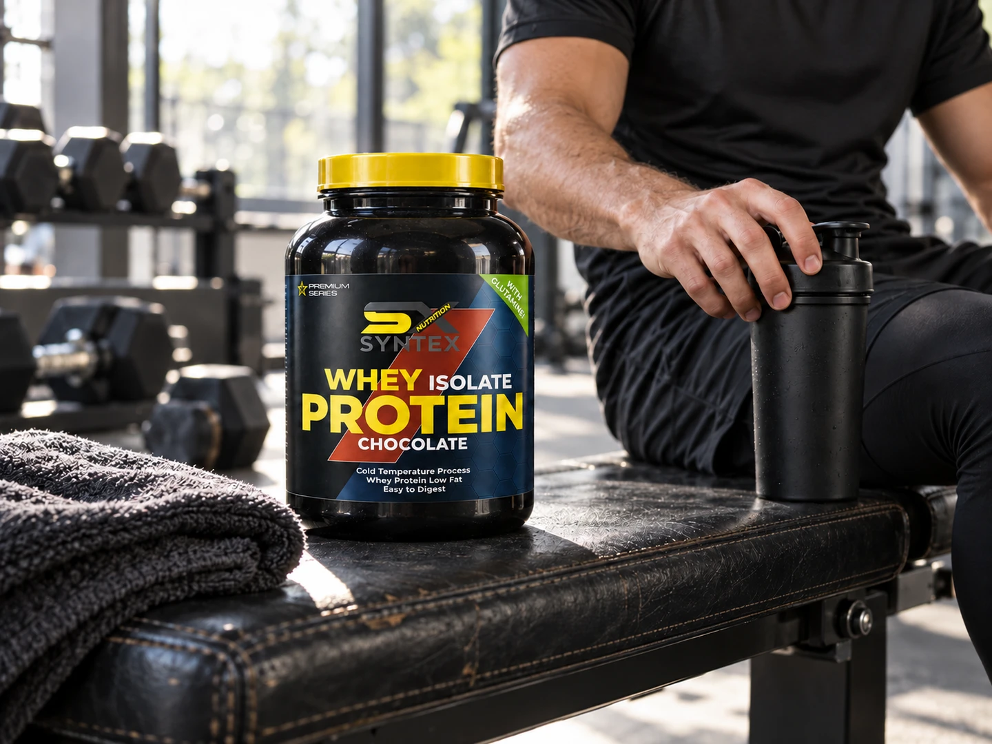 Syntex Whey Protein Chocolate and a shaker beside an athlete